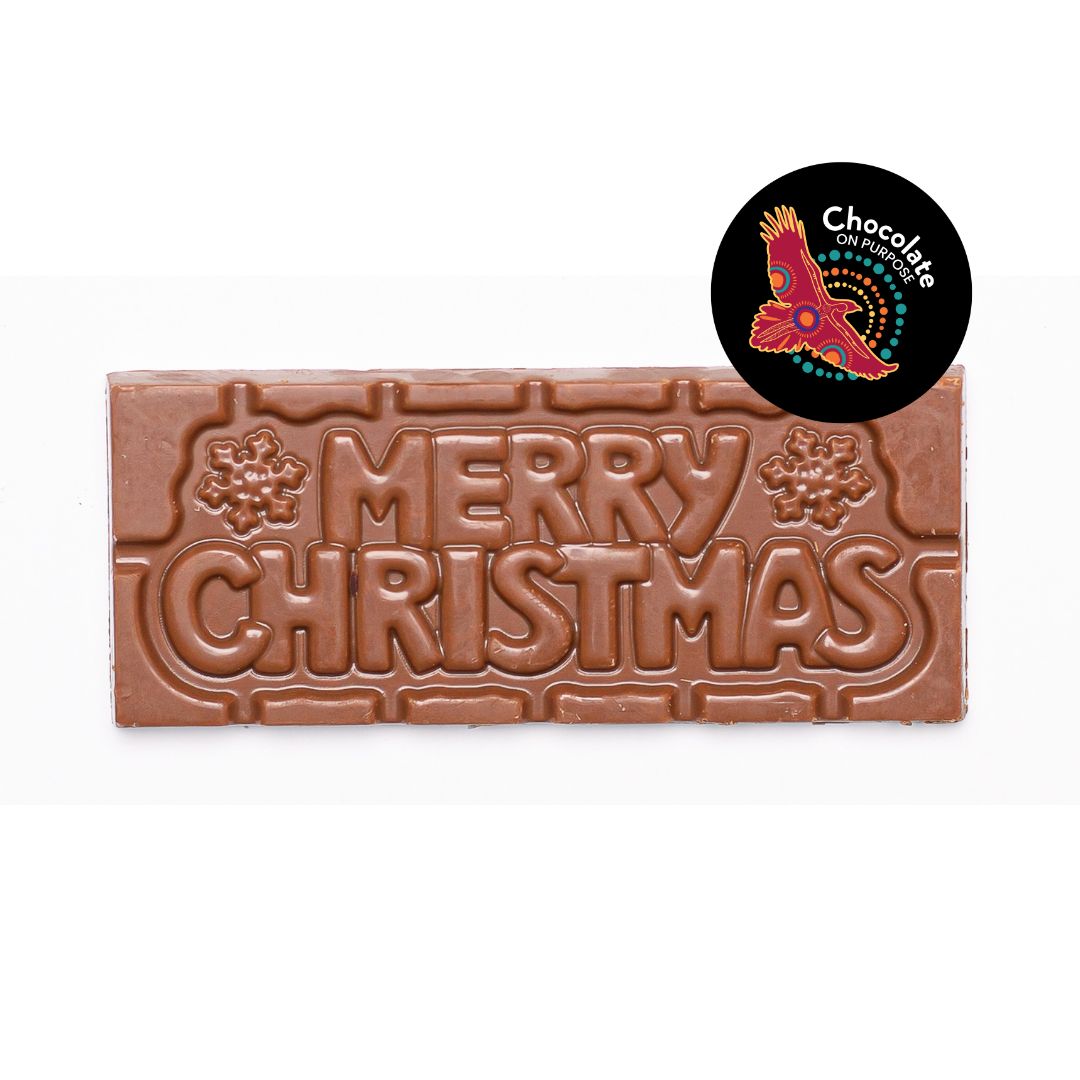 Chocolate On Purpose 'Merry Christmas' Chocolate Bar- Milk Chocolate with Munthari (Muntrie Berry) and Chocolate On Purpose Logo