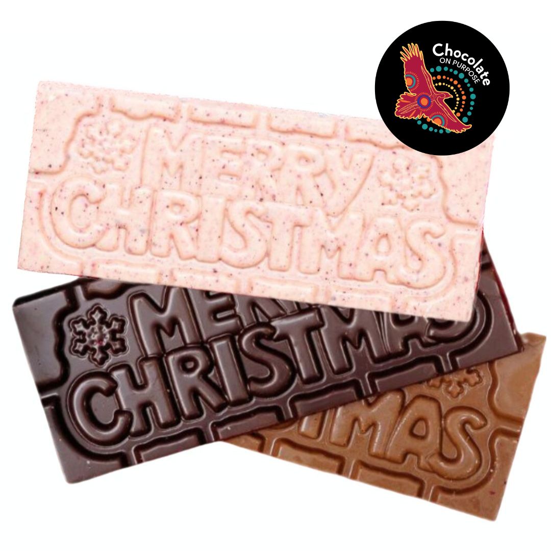 Three Chocolate On Purpose 'Merry Christmas' Chocolate Bars- White Chocolate with Ooray (Davidson Plum) and Milk Chocolate with Munthari (Muntrie Berry) and Dark Chocolate with Gulalung (Finger Lime) and Chocolate On Purpose Logo