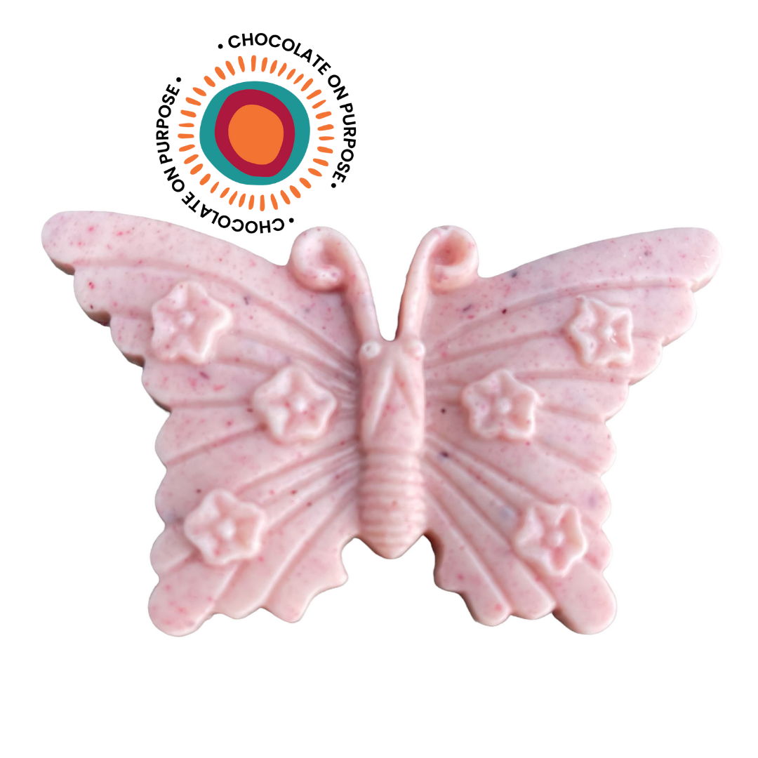 White chocolate Budyabudya butterfly with Ooray Davidson plum - NAIDOC 2025 traditional bush food chocolate
