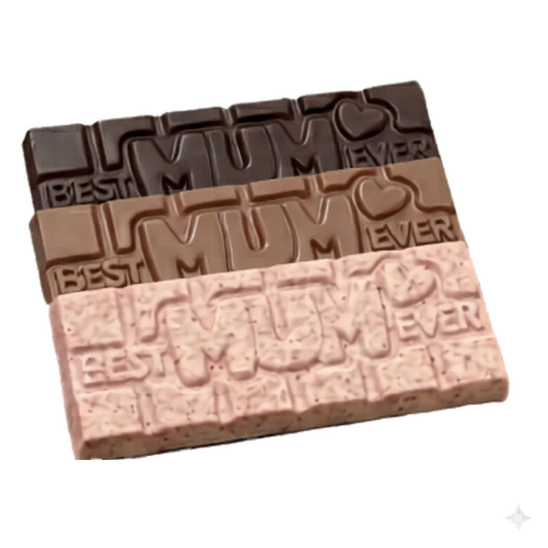 Chocolate On Purpose Mother's Day Bars with embossed 'Best Mum Ever' in flavours of White Chocolate with Davidson Plum, Milk Chocolate with Muntrie Berries and Dark Chocolate with Finger Lime