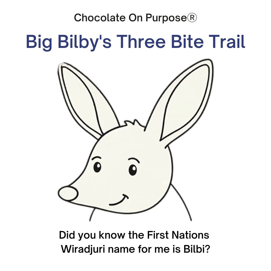 Big Bilby’s Three Bite Trail sneak peek image, showing a bilby illustration and the text “Did you know the First Nations Wiradjuri name for me is Bilbi?”