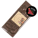 Happy Easter chocolate bar in clear wrapper, creamy dark chocolate with native botanical Davidson Plum and raised “HAPPY EASTER” lettering, with Wiradjuri Easter Greeting on Label, and Chocolate On Purpose logo on image