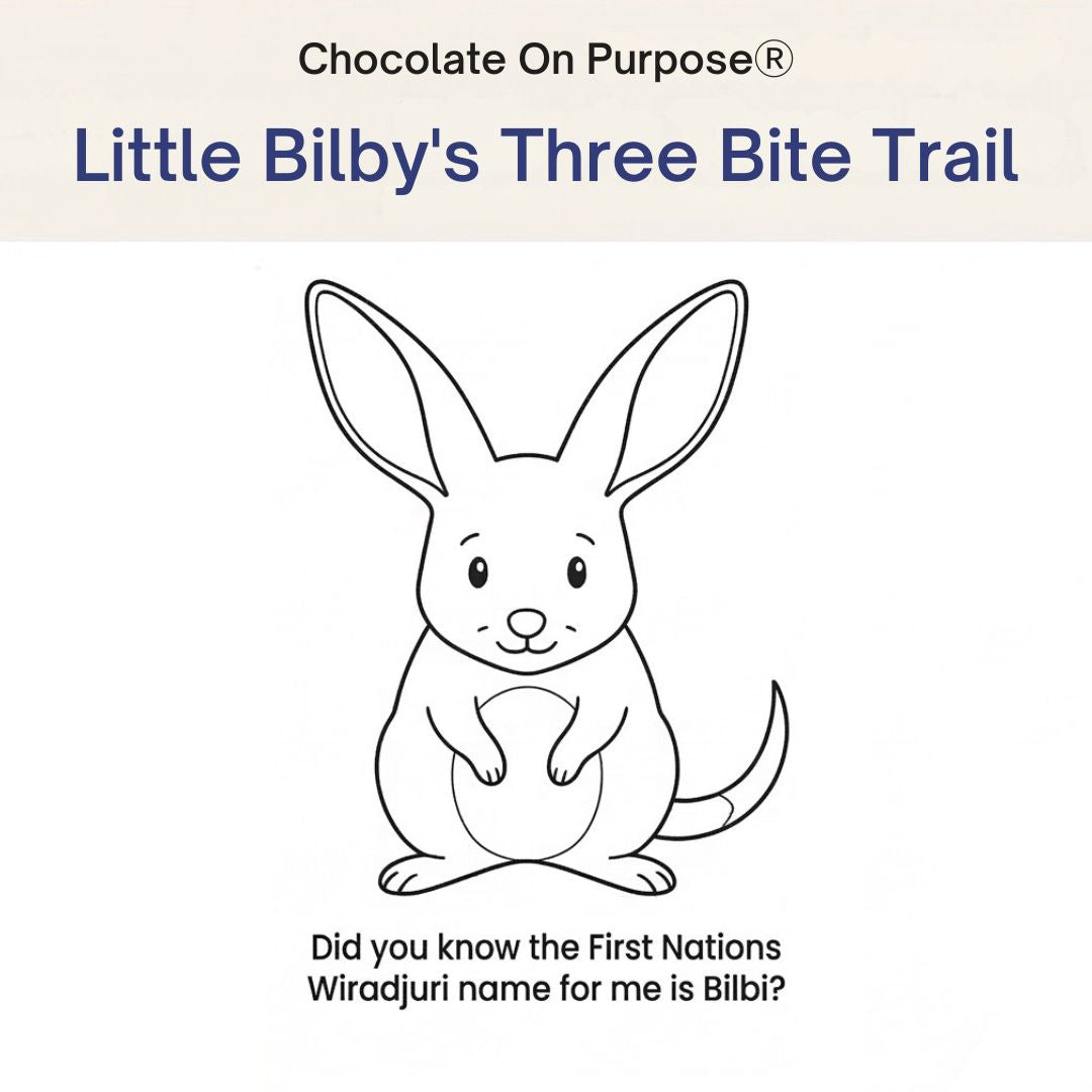 Little Bilby’s Three Bite Trail sneak peek colouring page, featuring a bilby outline and the text “Did you know the First Nations Wiradjuri name for me is Bilbi?”