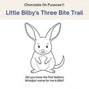 Little Bilby’s Three Bite Trail sneak peek colouring page, featuring a bilby outline and the text “Did you know the First Nations Wiradjuri name for me is Bilbi?”