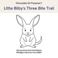 Little Bilby’s Three Bite Trail sneak peek colouring page, featuring a bilby outline and the text “Did you know the First Nations Wiradjuri name for me is Bilbi?”