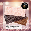 Merry Christmas chocolate bars by Chocolate On Purpose: White Chocolate with Ooray (Davidson Plum), Milk Chocolate with Munthari (Muntrie Bery) and Dark Chocolate with Gulalung (Finger Lime), all with a festive Merry Christmas embossed design. 