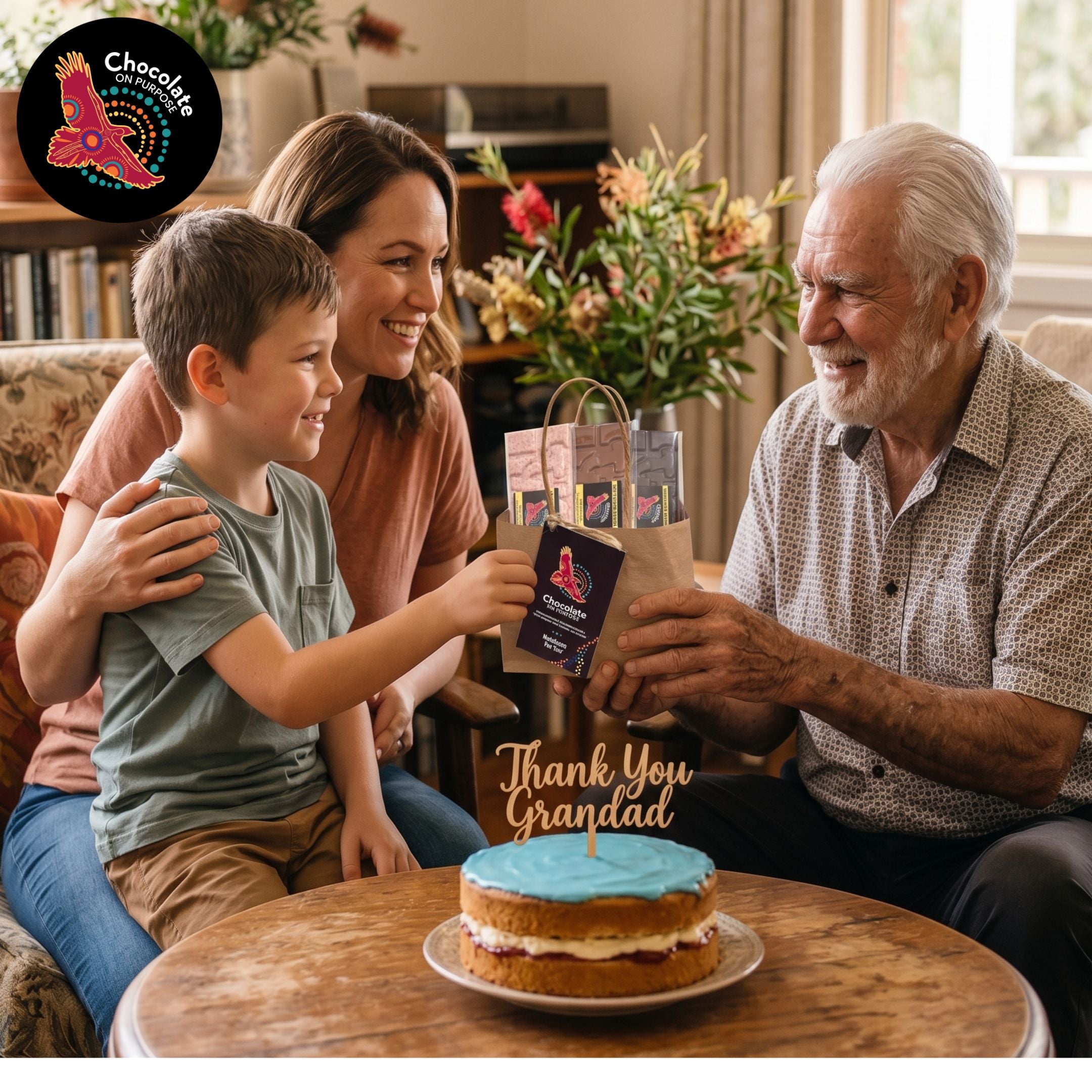 A mother, son and grandfather sitting in the loungeroom. A cream and jam sponge cake with blue icing and a pick saying Thank You sits on a table. The young girl is gifting grandad with a Chocolate On Purpose Mother's Day Chocolate Gift Bag. Three Chocolate bars peep out from the top of the bag with the message 