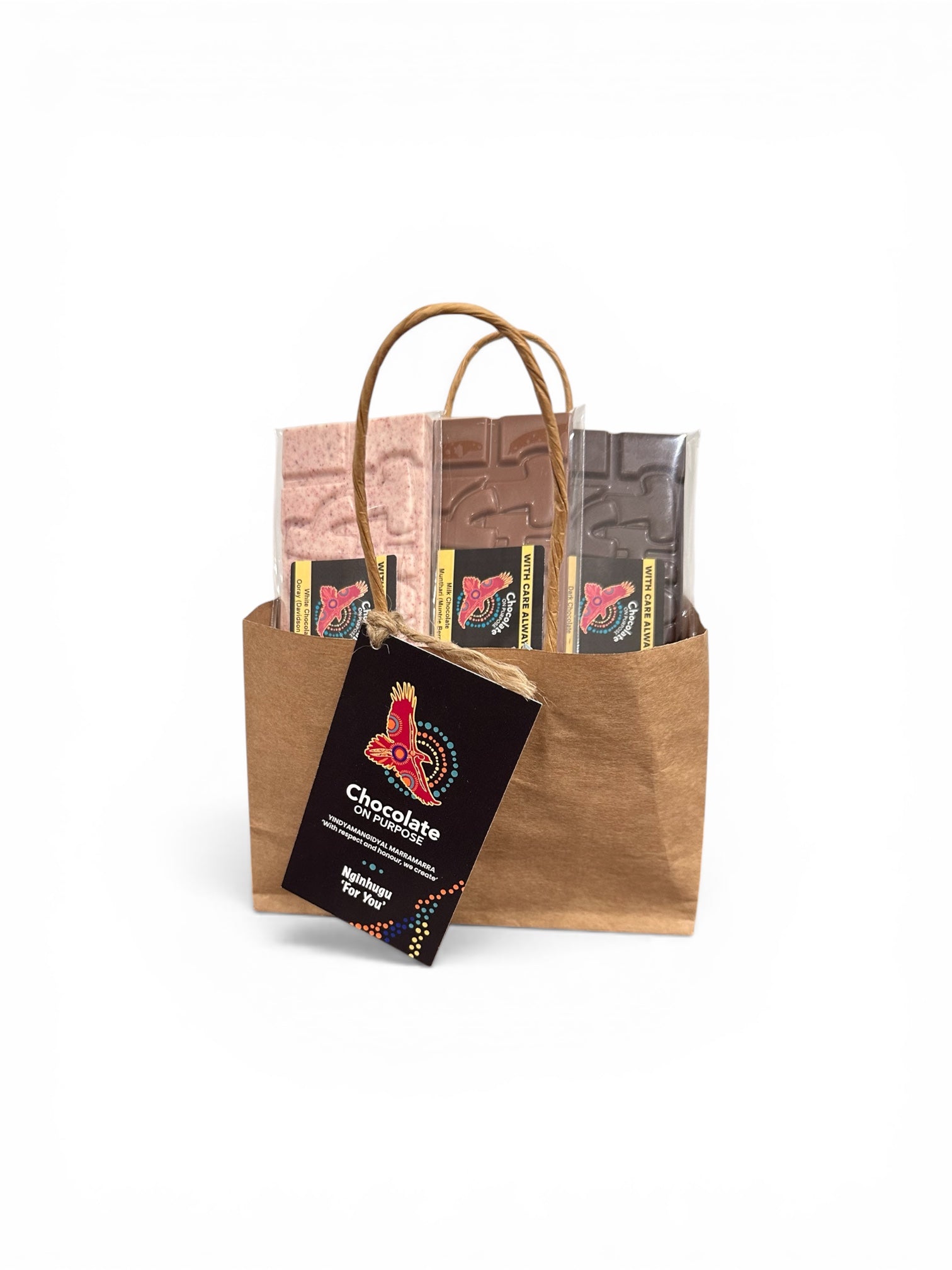 Chocolate On Purpose Mother's Day Chocolate Gift Bag. Bag made of Kraft Brown paper with Gift Swing Tag hanging from string handle. Gift Card displays Chocolate On Purpose Eagle logo with a Wiradjuri message, 