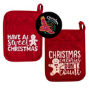 Red quilted pot holders with white festive text, "Have a Sweet Christmas" and "Christmas Calories Don't Count", gingerbread man designs, red hanging loop, Chocolate On Purpose Christmas chocolate making kit component, heat-resistant fabric, Indigenous-owned ethical gifting