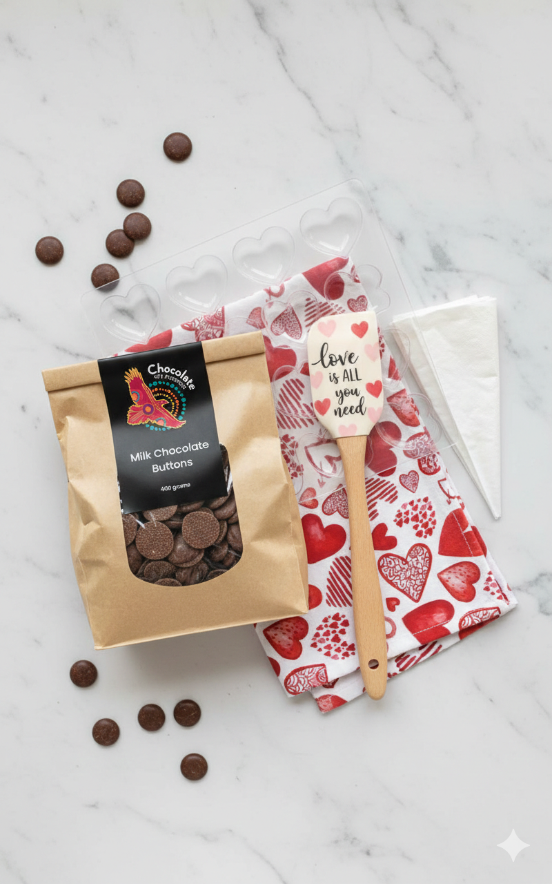Handmade Chocolate Making Kit including heart chocolate mould, milk chocolate buttons, red and white floral tea towel with 