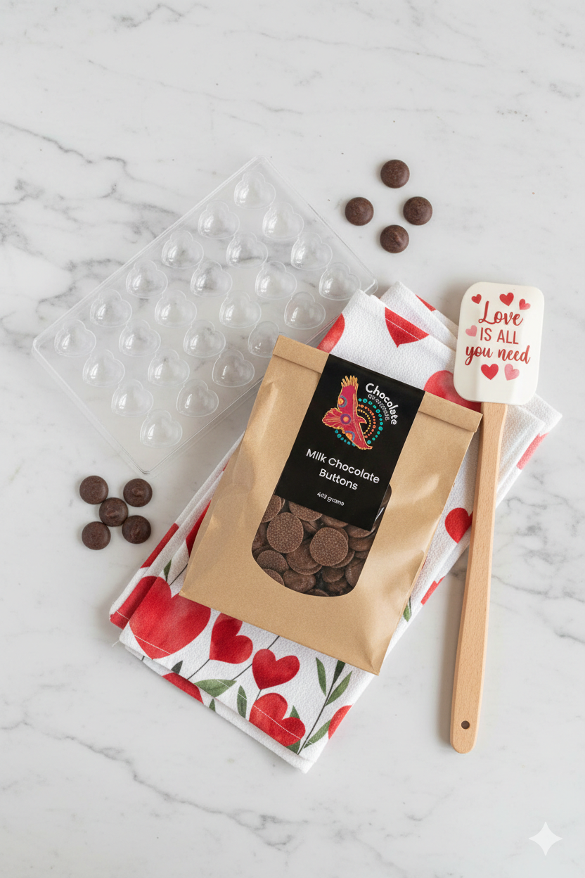 Valentine's Chocolate Making Kit flat lay with heart mould, milk chocolate buttons, red and white tea towel, and red spatula on marble background.
