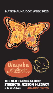 NAIDOC 2025 gift swing tag front featuring Aboriginal butterfly artwork, Waynha transformation theme, Chocolate On Purpose logo
