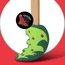 Silicone spatula with wooden handle, with forest green body, and lime green christmas tree imprint, with red dot design, heat-resistant, for chocolate melting and mixing, Chocolate On Purpose Christmas chocolate making kit component, Indigenous-owned, ethical gifting