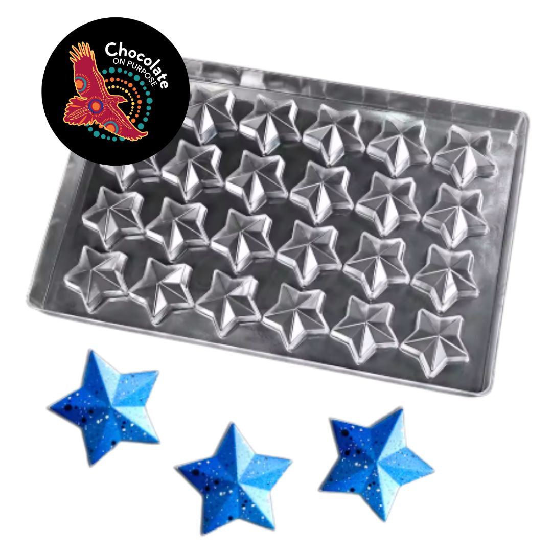 Star (dindima in Wiradjuri language) chocolate mold with 35 cavity imprints, clear polycarbonate material, 12g star shapes, includes blue glitter star examples, for Chocolate On Purpose Christmas chocolate making kit, Indigenous-owned