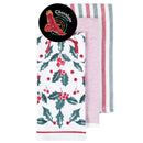 Set of three festive tea towels for Chocolate On Purpose Christmas chocolate making kit, holly and berries design with red ribbon, striped pattern in pink and grey, white cotton fabric, heat-resistant, Indigenous-owned ethical gifting, Dindima celebration