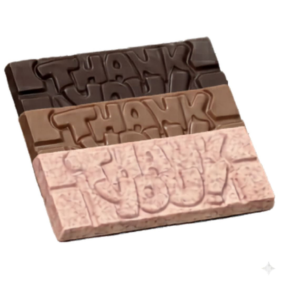 Chocolate On Purpose Mother's Day Bars with embossed 'Thank You' in flavours of White Chocolate with Davidson Plum, Milk Chocolate with Muntrie Berries and Dark Chocolate with Finger Lime