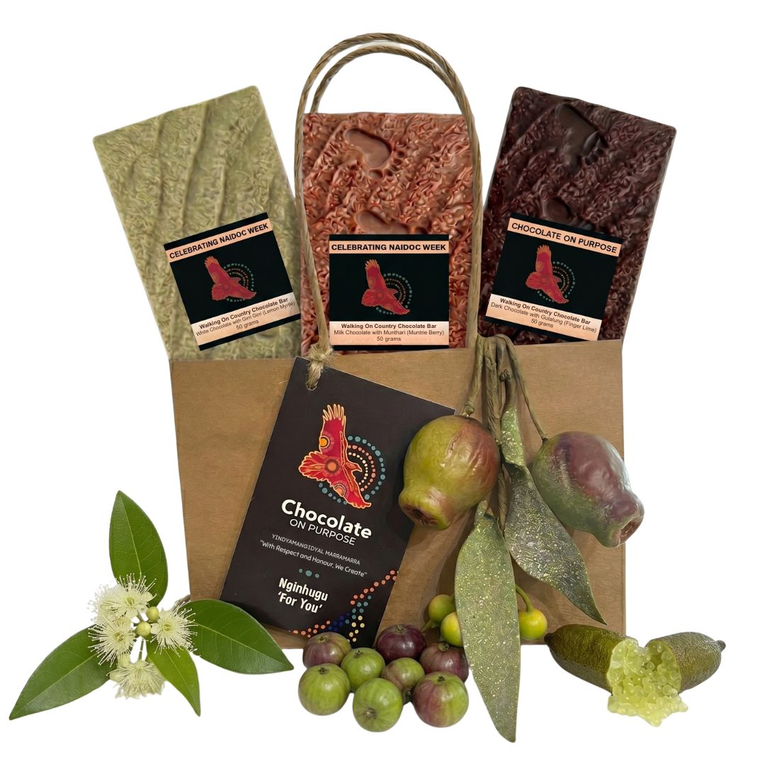 NAIDOC 2026 gift bag with three Walking On Country bush food chocolate bars - white, milk and dark - aboriginal chocolate gifts Australia - Chocolate On Purpose