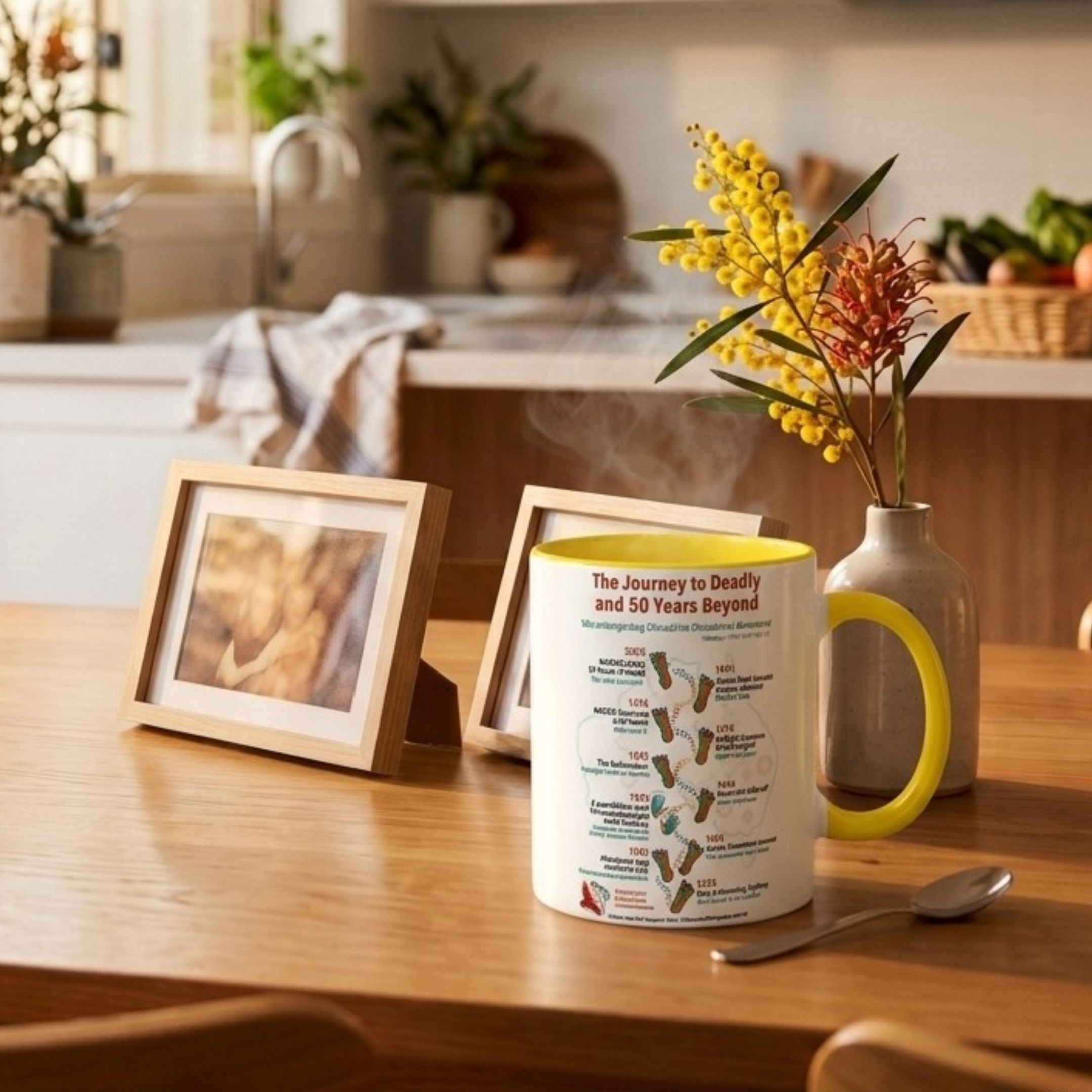 Chocolate On Purpose NAIDOC 2026 ceramic mug with yellow handle steaming on warm timber family kitchen table with wattle stems framed family photo and native botanicals