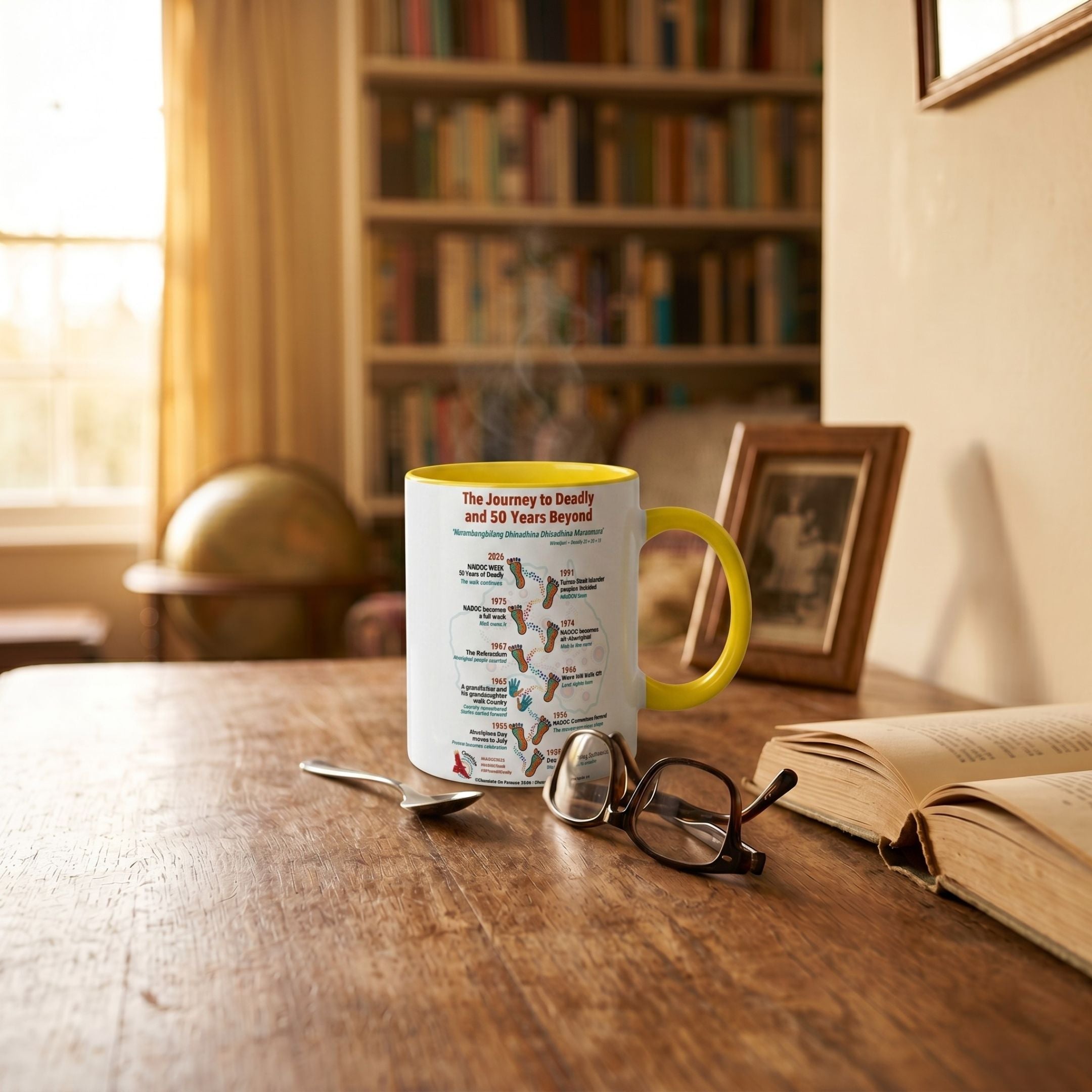 Chocolate On Purpose NAIDOC 2026 ceramic mug with yellow handle on worn timber desk beside reading glasses open book and framed photo with warm bookshelf and globe in background