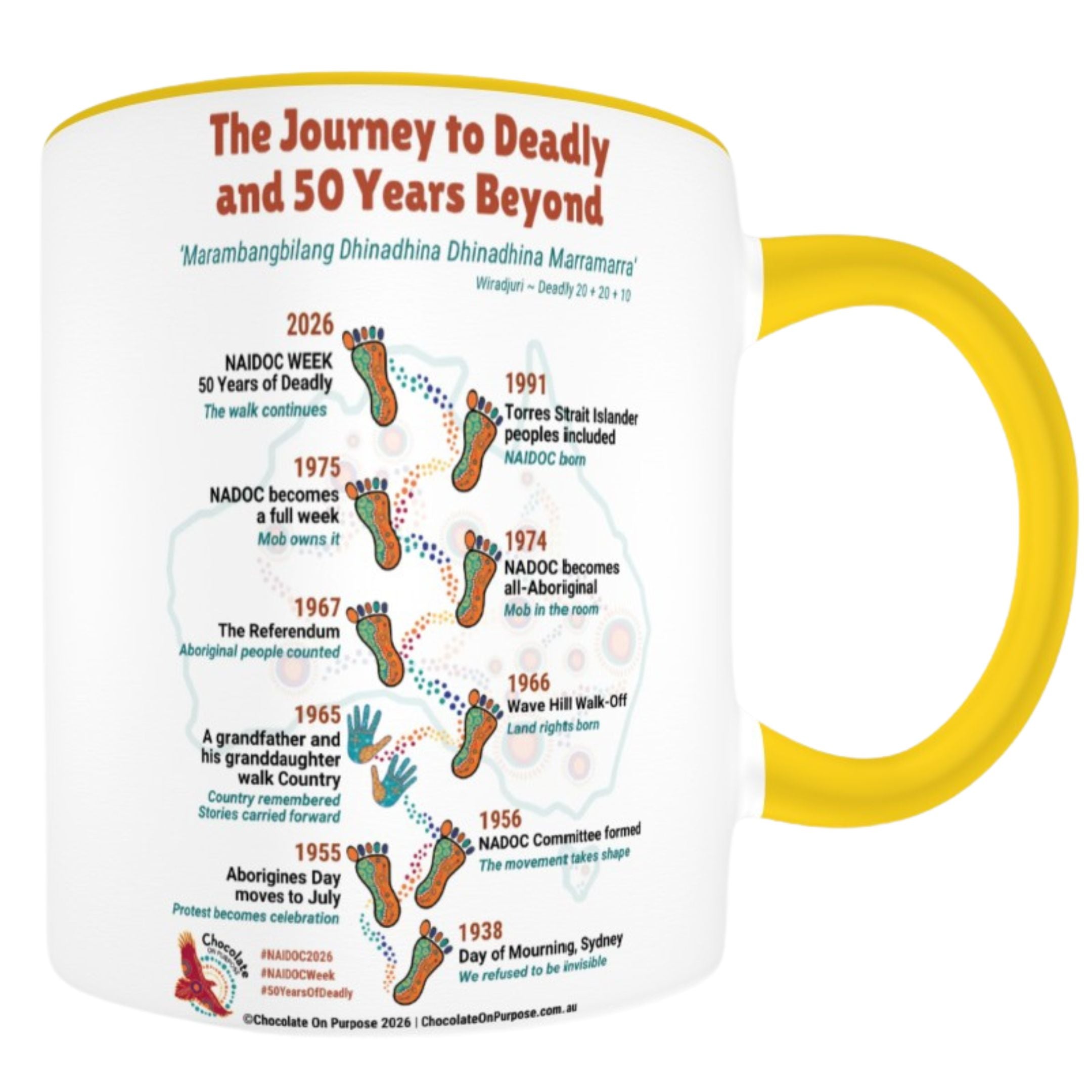 Chocolate On Purpose NAIDOC 2026 ceramic mug front showing The Journey to Deadly Wiradjuri timeline footprint trail from 1938 Day of Mourning to NAIDOC Week 2026 with yellow handle