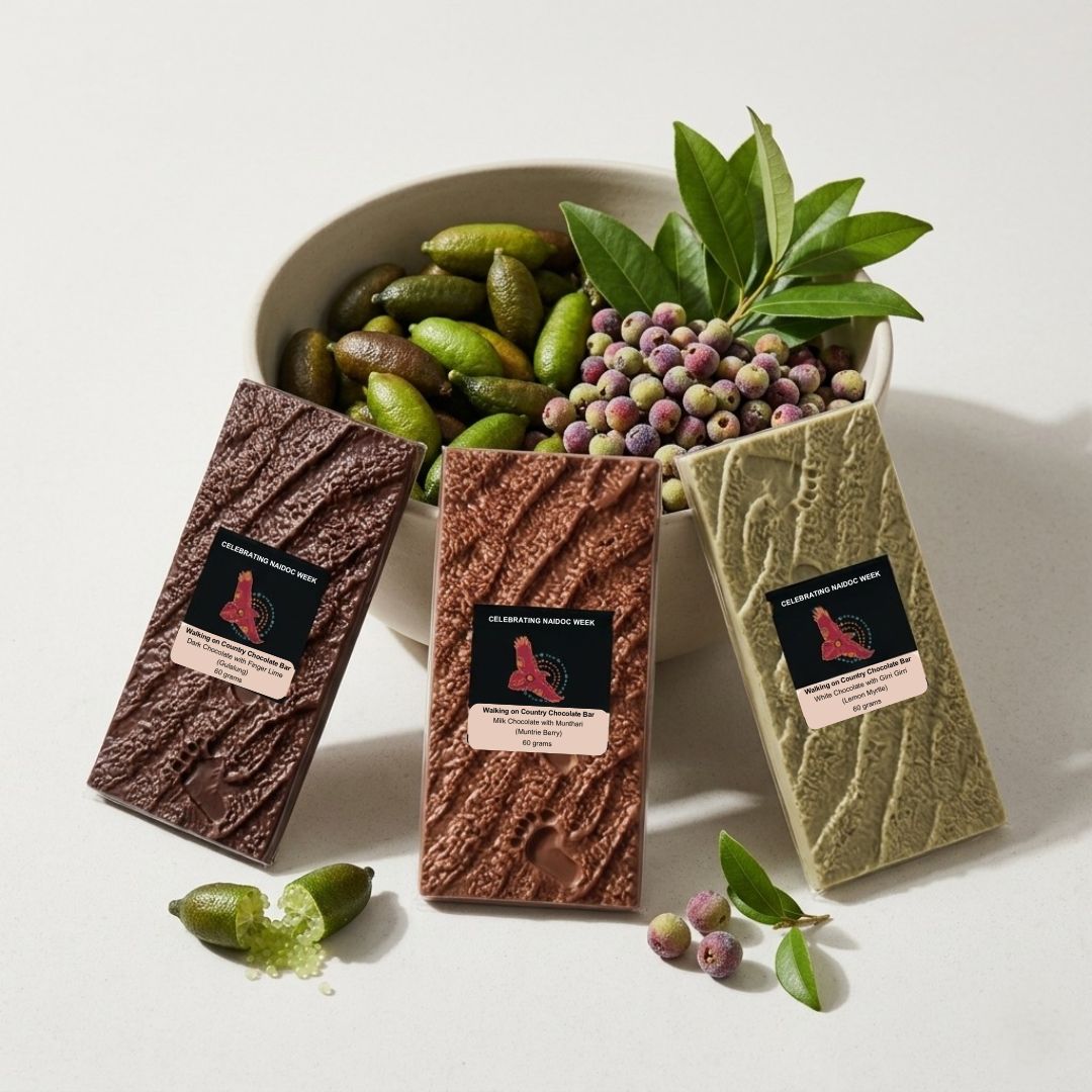 Walking On Country chocolate bars with native finger lime, muntrie berry and lemon myrtle botanicals - bush food chocolate Australia NAIDOC 2026