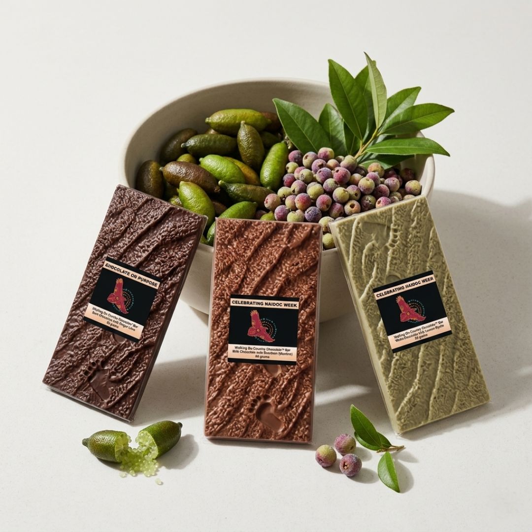 Walking On Country chocolate bars with native finger lime, muntrie berry and lemon myrtle botanicals - bush food chocolate Australia NAIDOC 2026