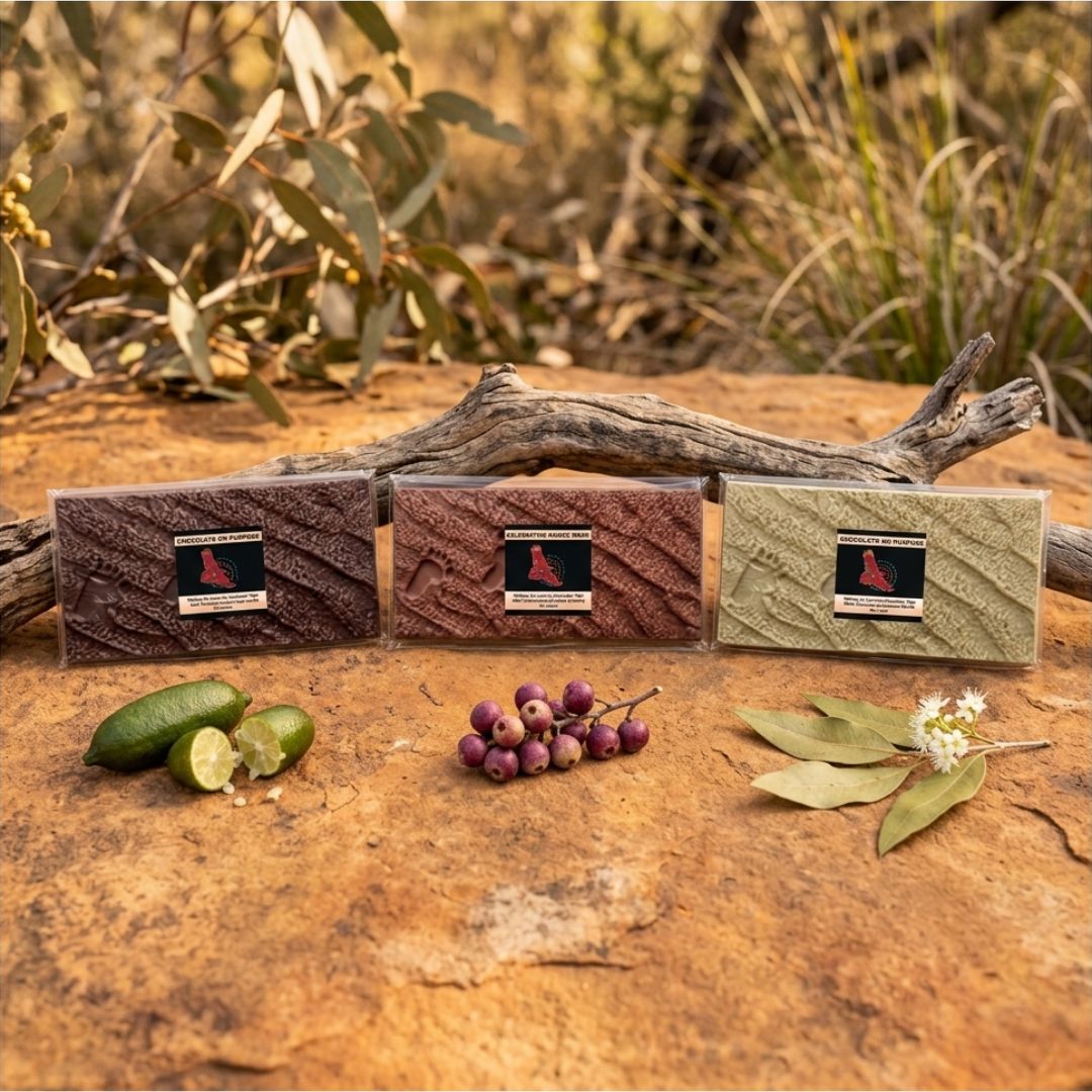 Walking On Country bush food chocolate bars on Wiradjuri Country sandstone with native botanicals - indigenous chocolate Australia NAIDOC 2026