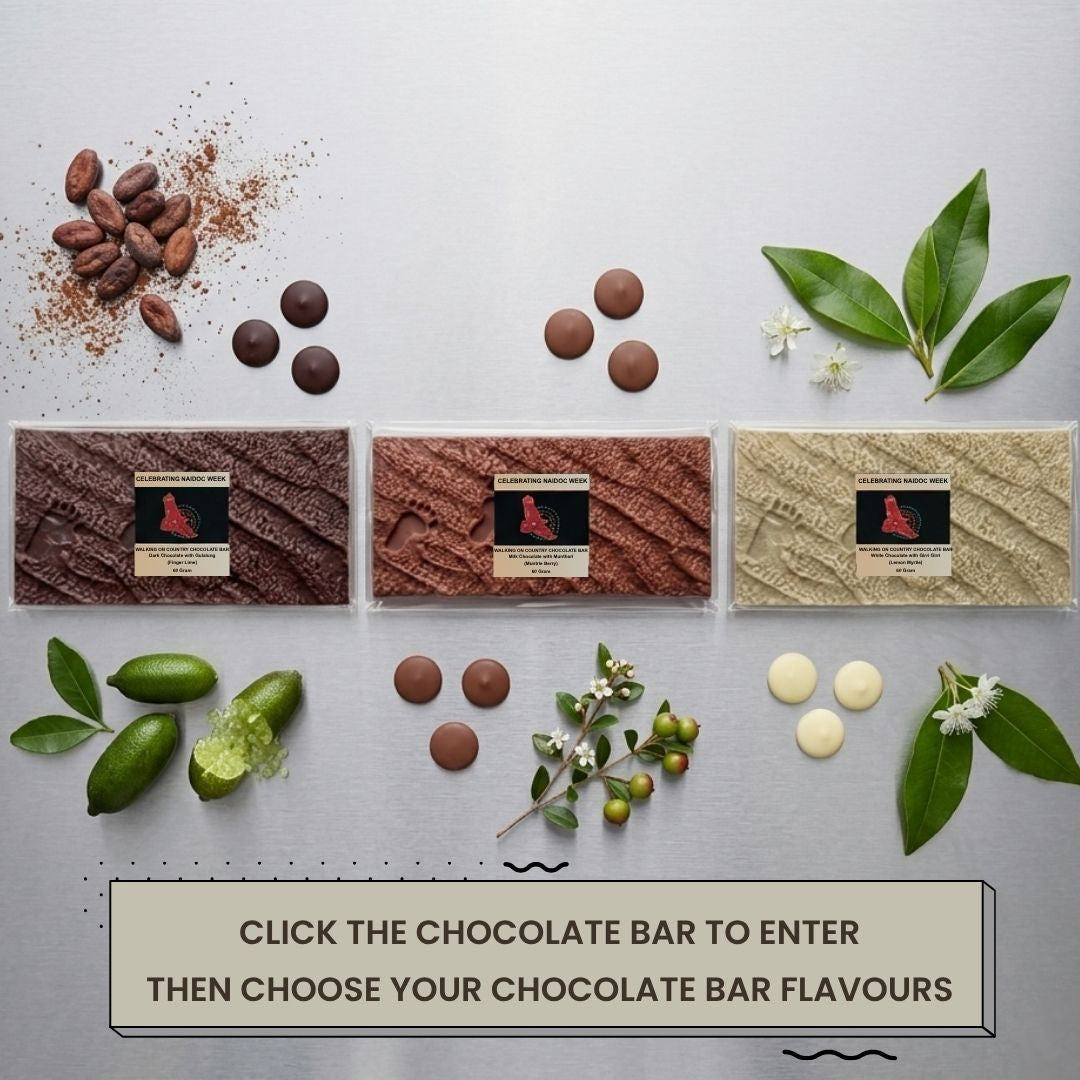 Three Walking On Country bush food chocolate bars with native finger lime, muntrie berry and lemon myrtle botanicals - artisan indigenous chocolate Australia - CLICK BAR to choose flavours- Chocolate On Purpose NAIDOC 2026