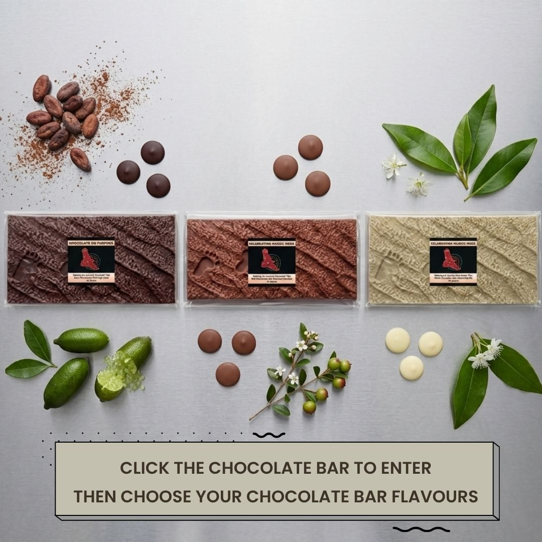 Three Walking On Country bush food chocolate bars with native finger lime, muntrie berry and lemon myrtle botanicals - artisan indigenous chocolate Australia - CLICK BAR to choose flavours- Chocolate On Purpose NAIDOC 2026