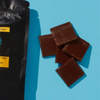 Pile of Dark Chocolate on blue background