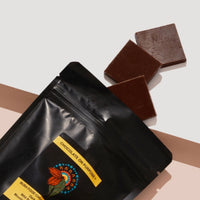 Bag of Dark Chocolate Riberra with three chocolate pieces falling out.